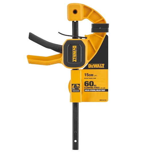 DEWALT 15cm trigger clamp with 60kg clamping force, yellow and black, for secure holding in woodworking tasks.