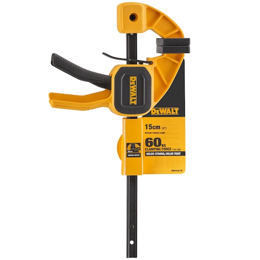 DEWALT 15cm medium trigger clamp, yellow and black, 60kg clamping force, product packaging visible.