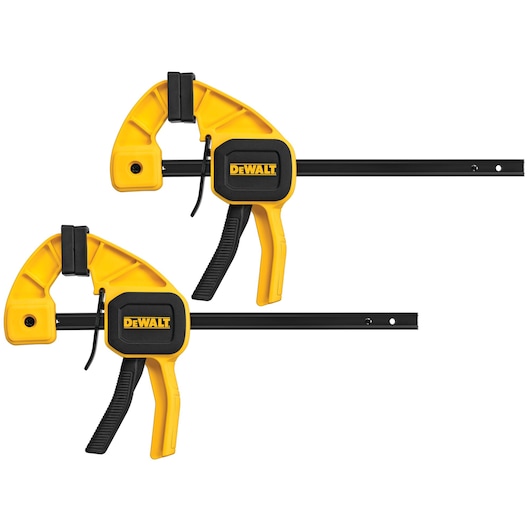 Two DEWALT yellow and black trigger clamps for woodworking or construction, shown side by side.