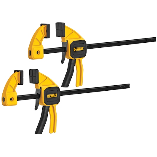 Two DEWALT yellow and black trigger clamps for woodworking and securing materials, shown on a white background.