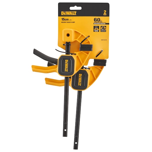 DEWALT 15cm medium trigger clamps, 2-pack, yellow and black, product packaging visible.