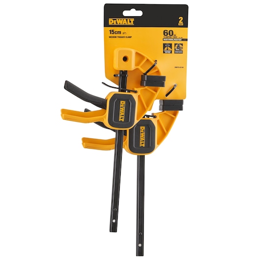 DEWALT 15cm medium trigger clamp two-pack in yellow and black packaging, suitable for clamping tasks.