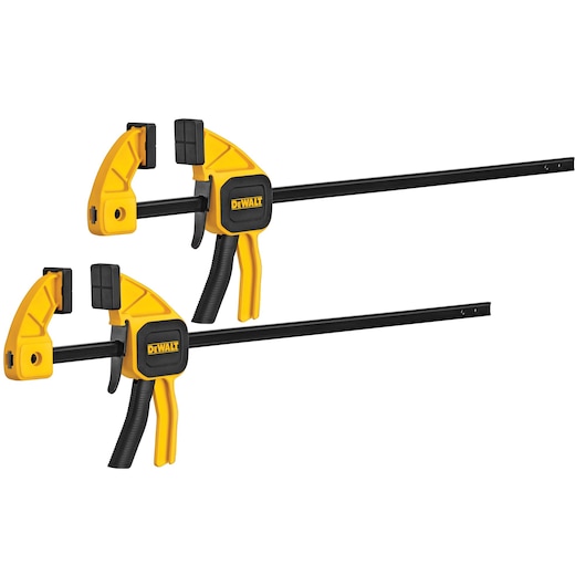 Two DEWALT yellow and black trigger clamps, designed for secure holding during woodworking or other tasks.