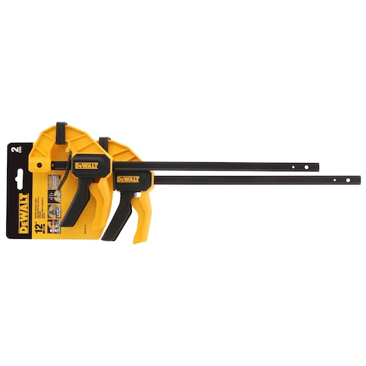 DEWALT 12-inch trigger clamp set of two, yellow and black, packaged for retail display.