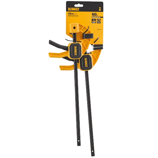 DEWALT trigger clamp set with yellow and black handle, 30cm size, packaged for retail display.