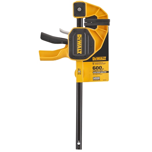 DEWALT 12-inch heavy-duty bar clamp with ergonomic handle and 600 lbs clamping force, yellow and black.