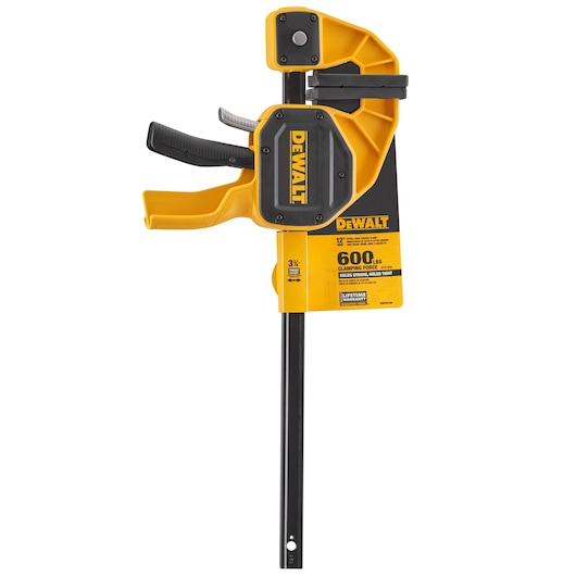DEWALT 12-inch heavy-duty clamp with 600 lbs clamping force, yellow and black, tool for woodworking projects.