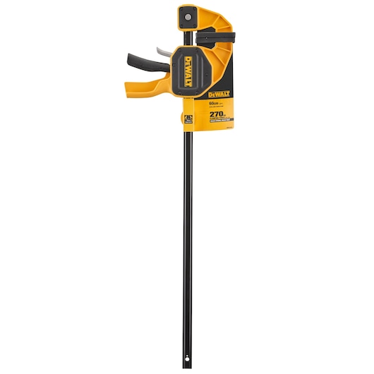 DEWALT 60cm trigger clamp with yellow and black design, suitable for woodworking and clamping tasks.