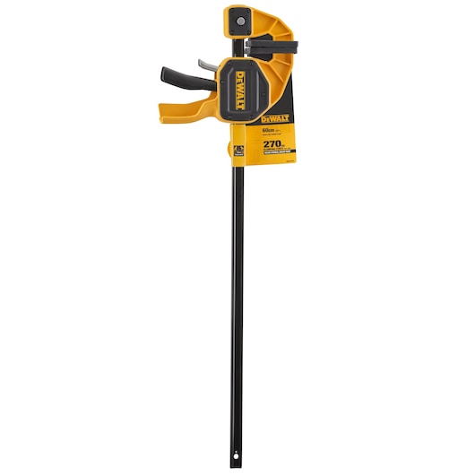 DEWALT 60cm bar clamp for woodworking, yellow and black, with ergonomic handle and product label attached.
