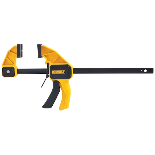 DEWALT yellow and black bar clamp with trigger grip, designed for secure holding of materials in woodworking or DIY.