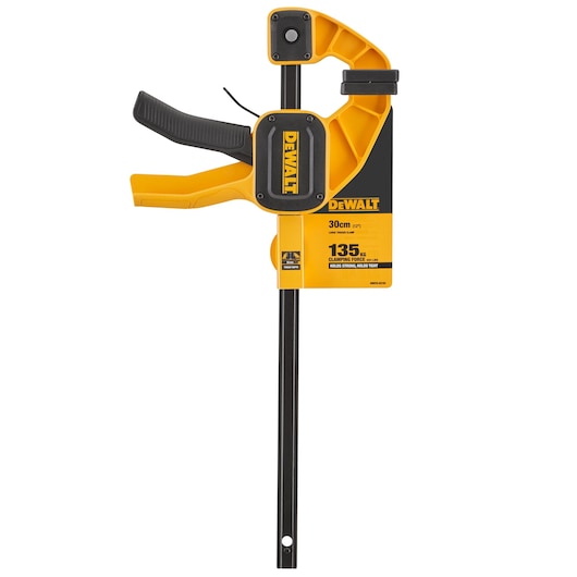 DEWALT yellow and black quick grip clamp, 30cm size, used for securely holding materials during work.