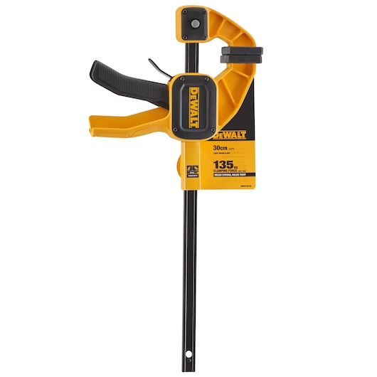 DEWALT trigger clamp with 30cm length and 135kg force, black and yellow design.