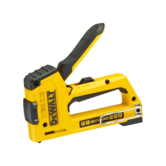Yellow DEWALT manual staple gun DWHT0-TR510 with ergonomic handle for stapling tasks.