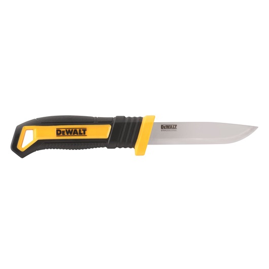 DEWALT utility knife with a black and yellow handle and stainless steel blade, shown on a white background.