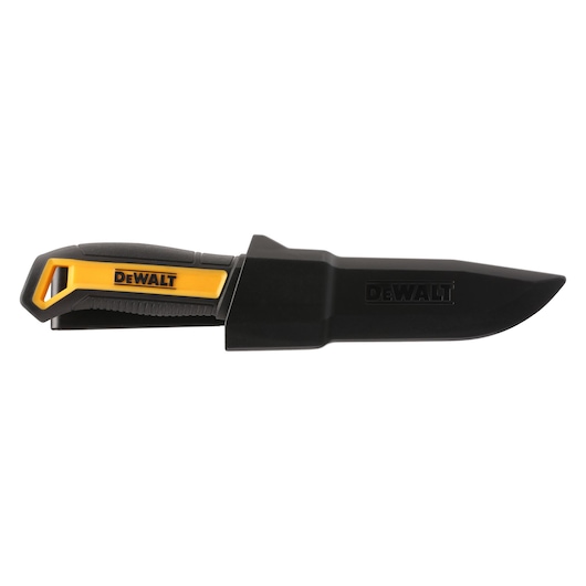 DEWALT utility knife with black and yellow handle, shown with protective black sheath covering the blade.