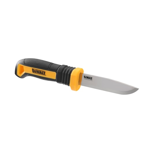 DEWALT stainless steel utility knife with black and yellow handle, shown on a white background.