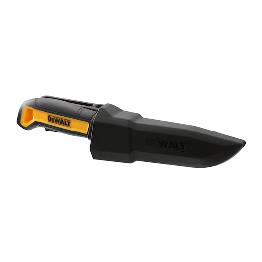 DEWALT utility knife with black blade and yellow-black handle, shown with protective sheath.