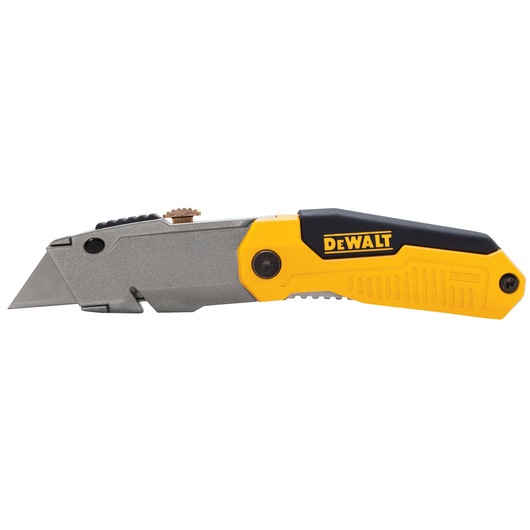 DEWALT utility knife with yellow and black handle and retractable blade.