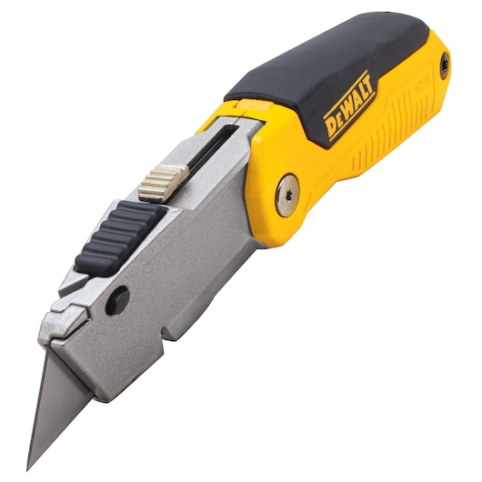 DEWALT utility knife with retractable blade and ergonomic yellow and black handle.
