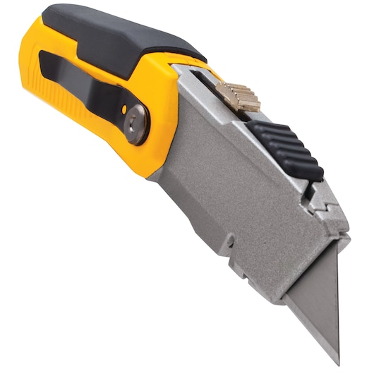 DEWALT utility knife with yellow and black handle, retractable blade, shown close-up on white background.