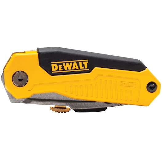 Closed DEWALT utility knife with yellow and black handle, branded logo visible.
