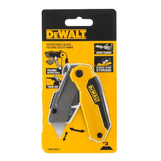 DEWALT retractable blade folding utility knife in yellow and black retail packaging.