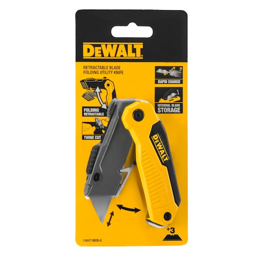 DEWALT retractable folding utility knife in yellow packaging, showing blade features and storage.