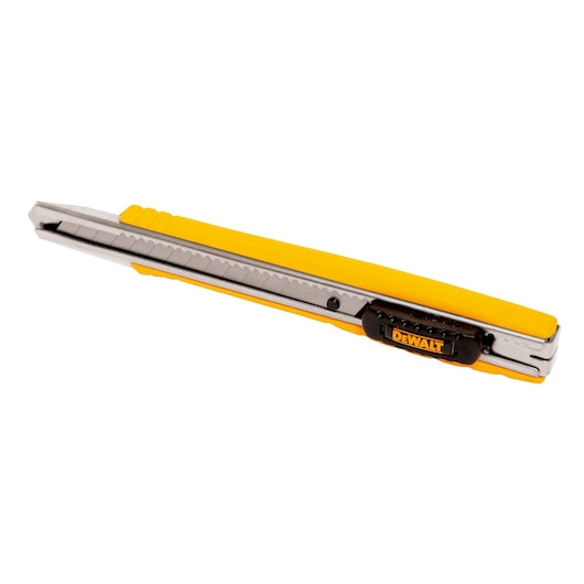 Yellow DEWALT snap-off utility knife with metal blade and plastic handle, shown on a white background.