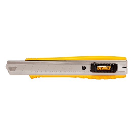 A DEWALT utility knife with a yellow and silver body, featuring a retractable blade and a black slider for blade adjustment.