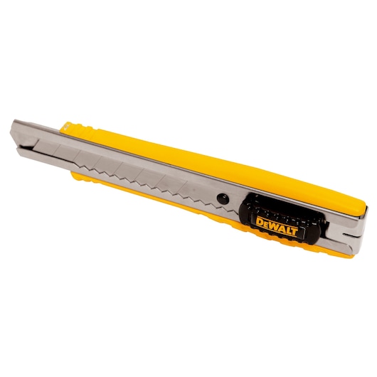 A DEWALT utility knife with a yellow and silver body, retractable blade, and black slider mechanism.