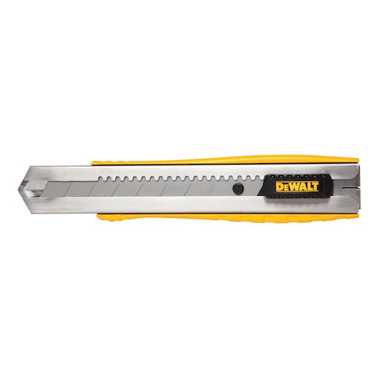 Yellow DEWALT utility knife with retractable segmented blade, shown flat on white background.