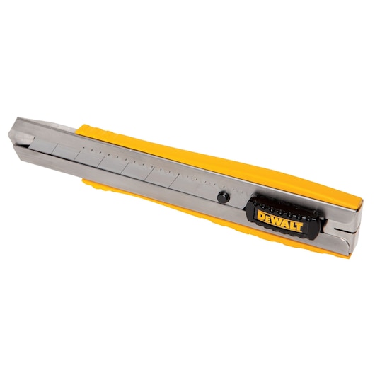 Yellow DEWALT utility knife with retractable segmented blade, photographed on a white background.