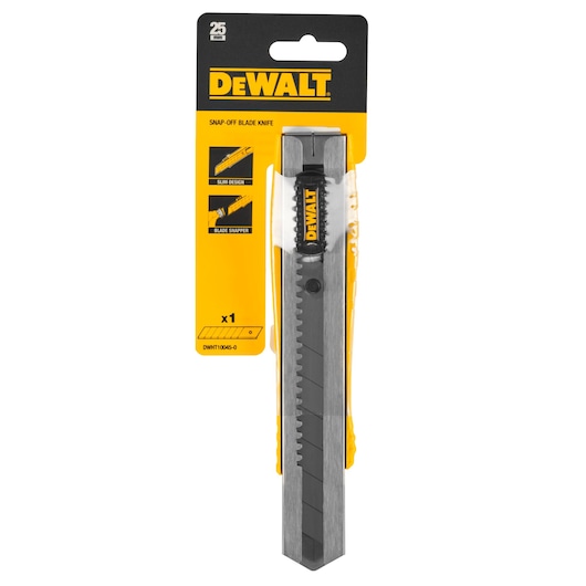DEWALT snap-off blade knife in packaging, 25mm size, slim design for precision cutting, product DWHT10045-0.