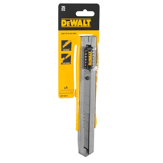 DEWALT snap-off blade knife in packaging with yellow and black branding, compact and slim utility tool.