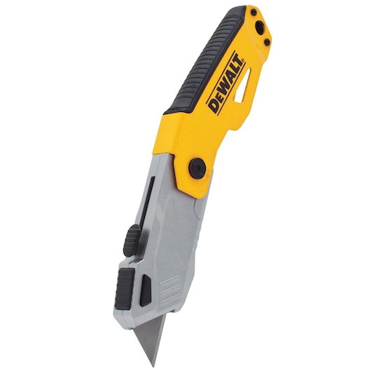 DEWALT folding utility knife with yellow and black handle, blade extended, angled upright on white background.