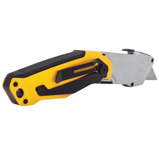 DEWALT folding utility knife with yellow and black handle and exposed blade, shown on a white background.