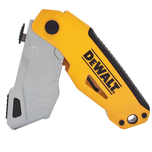 DEWALT folding utility knife with yellow and black handle, partially open, model DWHT10261-0.