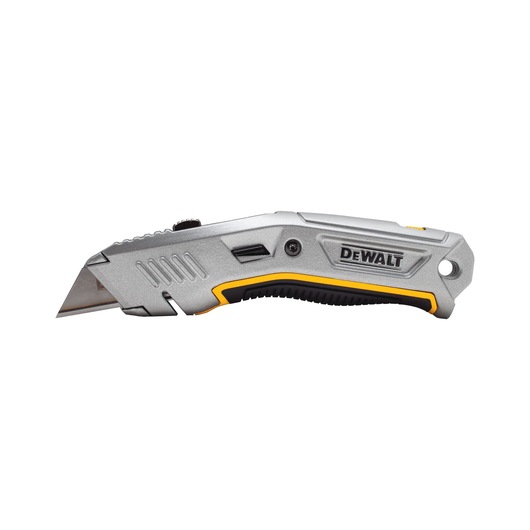 Silver DEWALT utility knife with yellow and black handle, shown isolated on a white background.