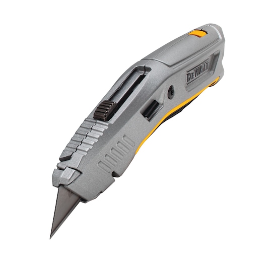 Silver DEWALT utility knife with retractable blade and ergonomic handle, shown on white background.