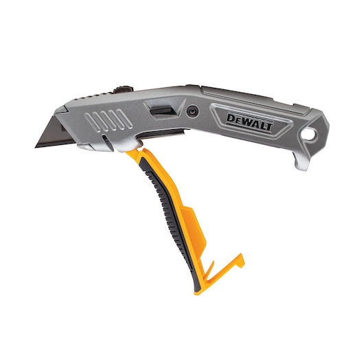 DEWALT utility knife with retractable blade and ergonomic handle in grey and yellow.