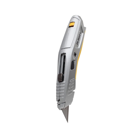 Silver DEWALT utility knife with a retractable blade and yellow accents, shown on a white background.