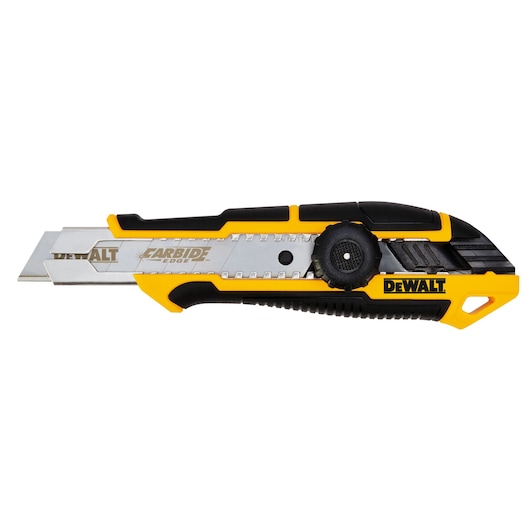 DEWALT retractable utility knife with carbide blade, yellow and black, shown side view.