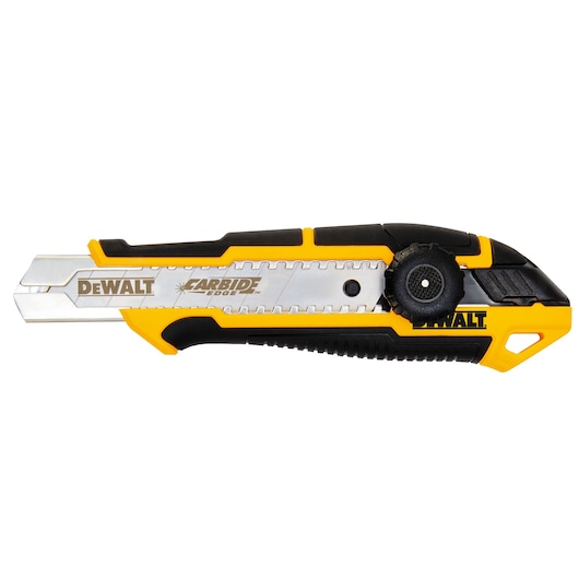 DEWALT utility knife with carbide blade, black and yellow handle, side adjustment wheel, close-up against white.