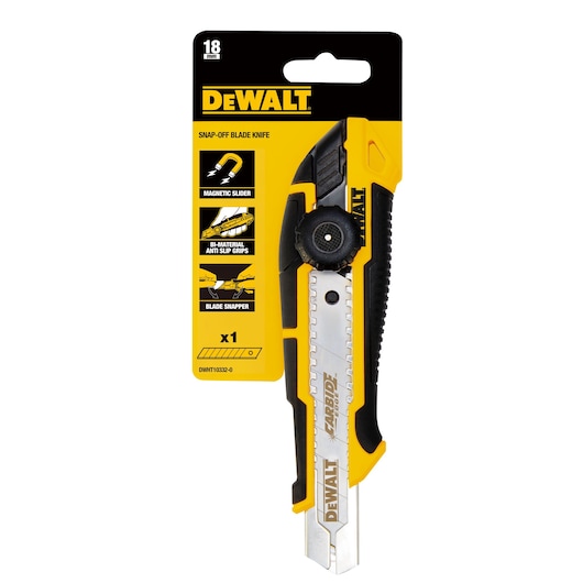 DEWALT snap-off blade knife in package with magnetic slider and anti-slip grip features.