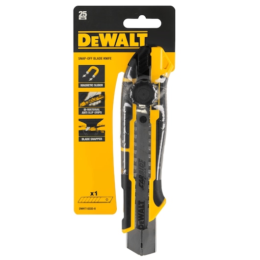 DEWALT snap-off blade knife in yellow and black packaging, features magnetic slider and anti-slip grips.