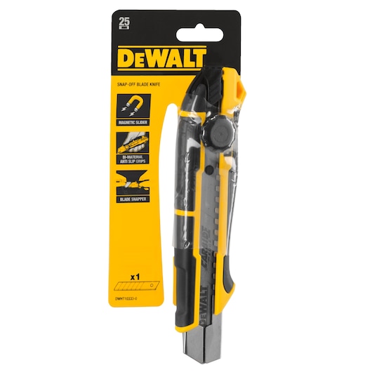 DEWALT snap-off blade knife in yellow and black packaging, model DWHT10333-0, magnetic slider, anti-slip grips.