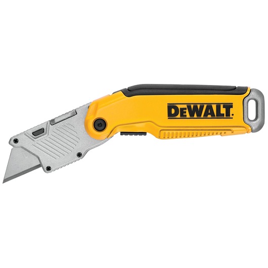 Yellow and silver DEWALT folding utility knife with black details, closed handle, exposed blade.