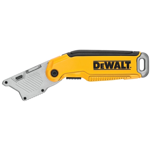 Yellow and black DEWALT folding utility knife with a metal blade and ergonomic handle.