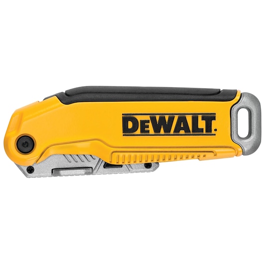 Closed yellow and black DEWALT folding pocket knife with visible logo on handle.