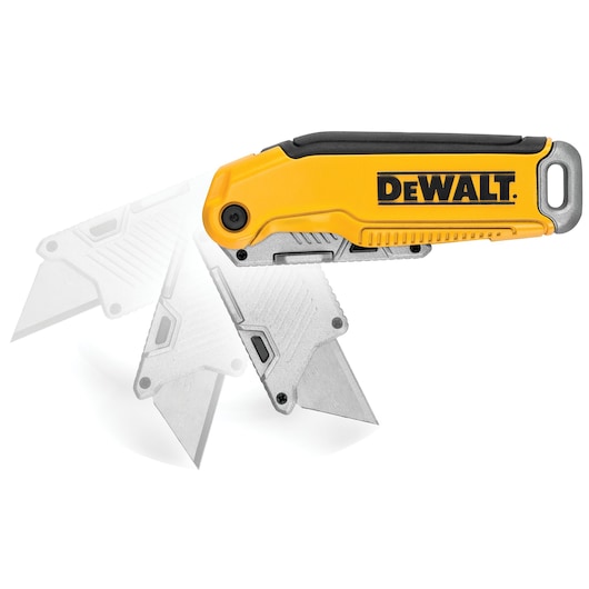 DEWALT folding utility knife with yellow handle and retractable blade shown in different positions.